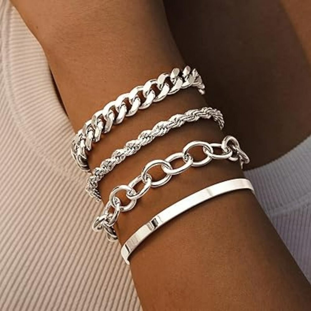 Chunky Bracelet Stack Non Tarnish Waterproof Silver Set of 4 Classy Trendy Cuban